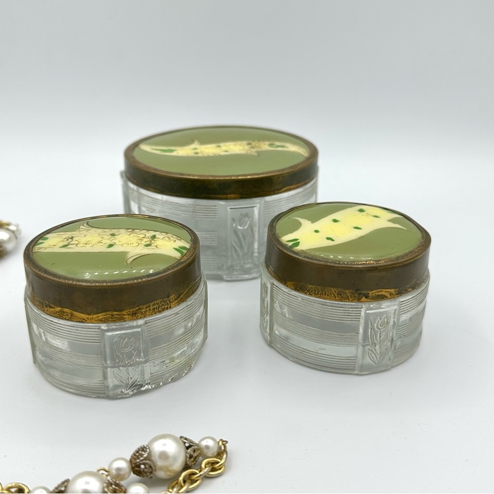 Set of 3 1940’s Pressed Glass Circular Makeup Vanity Containers